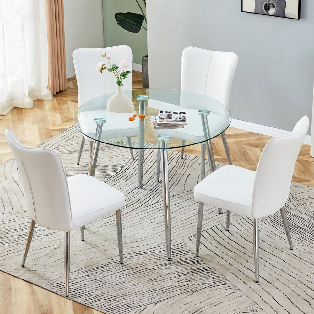 English Elm Table And Chair Set - Modern 38.6" Round Glass Dining Table With 4 Stylish White Pu Chairs, Silver Legs W1151S03822-GIGA