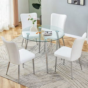 English Elm Table And Chair Set - Modern 38.6" Round Glass Dining Table With 4 Stylish White Pu Chairs, Silver Legs W1151S03822-GIGA