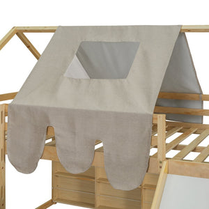 English Elm Full Size Kids House Loft Bed Pinewood Frame with Tent Slide and Play Storage Natural LT000683AAD