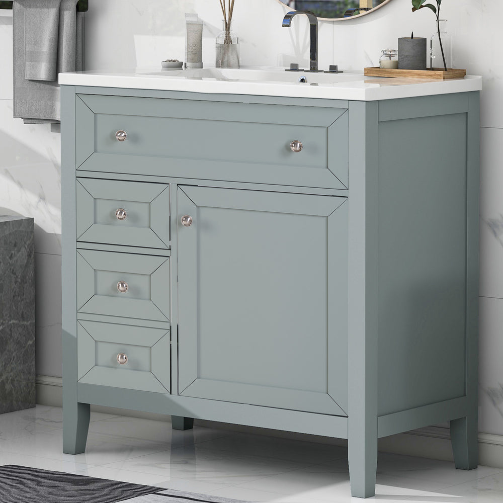 English Elm Solid Wood Bathroom Vanity Gray with Ceramic Undermount Sink, Triple Smart Storage, 70kg Load, Silent Slides W2896P318465