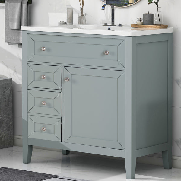 English Elm Solid Wood Bathroom Vanity Gray with Ceramic Undermount Sink, Triple Smart Storage, 70kg Load, Silent Slides W2896P318465