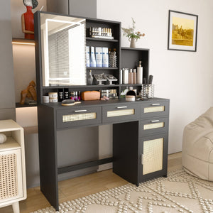 English Elm Makeup Vanity with Lights, Openable Mirror & Ample Storage Shelves, 4 Drawers and Cabinet Elegance Black W2227P160482
