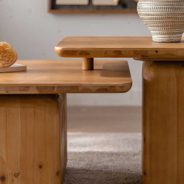 English Elm Vintage Retro Square Coffee Table Set with Wood Grain MDF Veneer & Fir Frame, Sturdy 110lb Capacity, Stylish Living Room Accent (Set of 2) Natural W757P235684