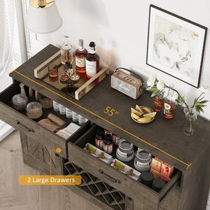 English Elm Coffee Bar Buffet Sideboard with Wine Rack Stemware Holder and Drawers in Oak Gray T3773P417369
