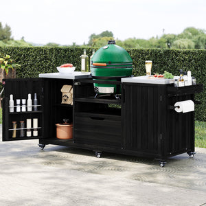 English Elm K&K 66.5" Outdoor Kitchen Island with 1.2" Stainless Steel Top, Ample Storage, Wheels & Bottle Opener Black N707P250629B