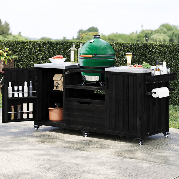 English Elm K&K 66.5" Outdoor Kitchen Island with 1.2" Stainless Steel Top, Ample Storage, Wheels & Bottle Opener Black N707P250629B