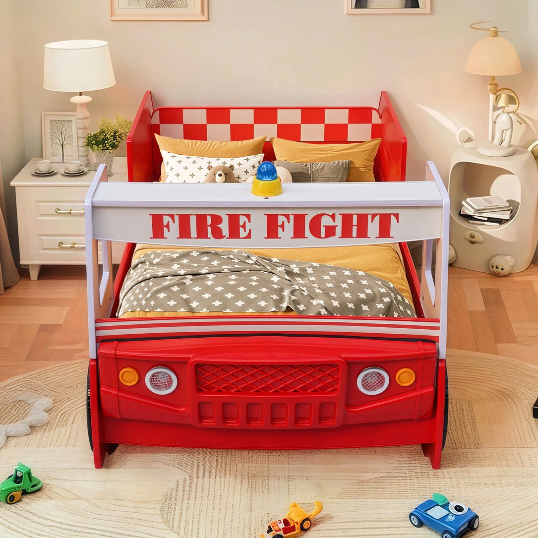 Little Heroes Fire Truck Bed - Cozy Low-Profile Floor Bed With Led Lig