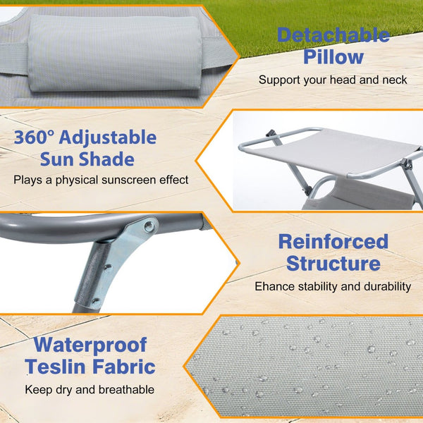 English Elm Folding Outdoor Lounge Chair with Canopy Bungee Mesh Seat and Adjustable Recline W3162P414612