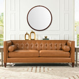 English Elm Hausen 31.5" Mid-Century Modern Round Accent Wall Mirror, Brown Walnut Wood & Veneer