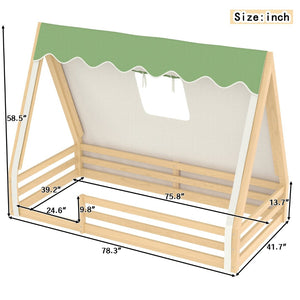 English Elm Twin Montessori Floor Bed Solid Pine Teepee Frame with Guardrails and Canopy Light W1580P369466