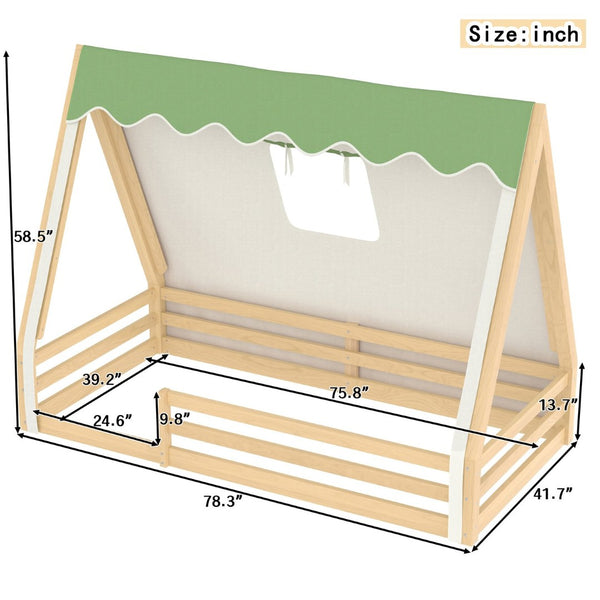 English Elm Twin Montessori Floor Bed Solid Pine Teepee Frame with Guardrails and Canopy Light W1580P369466