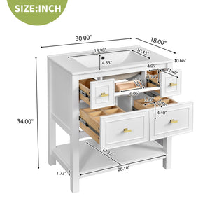 English Elm 30'' Bathroom Vanity with Ceramic Sink, Solid Wood Frame Freestanding Cabinet with 5 Drawers, Gold Knobs and Smooth Slide Rails White N710P247488K