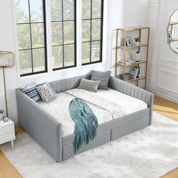 English Elm Queen Size Daybed With Trundle & Drawers – Stylish Grey Upholstered Sofa Bed For Guests & Storage W1413S00067-GIGA