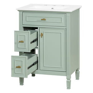 English Elm 24-Inch Bathroom Vanity with Sink, Solid Wood & MDF, Ceramic Top, Gold Handles, Flip Drawer Design Green N725P350824F