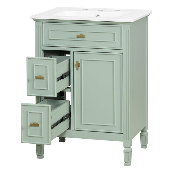 English Elm 24-Inch Bathroom Vanity with Sink, Solid Wood & MDF, Ceramic Top, Gold Handles, Flip Drawer Design Green N725P350824F