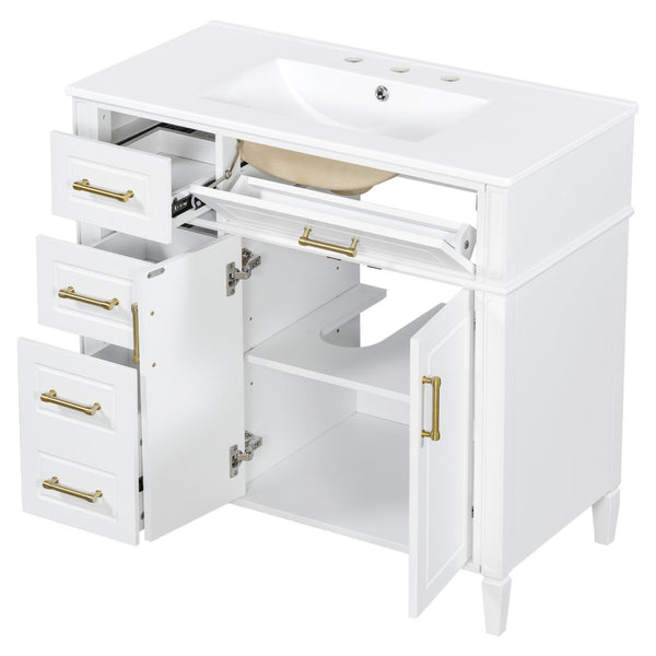 English Elm 36 Inch Freestanding Bathroom Vanity Sage Pine Cabinet Gold Hardware Ceramic Sink White N725P366466K
