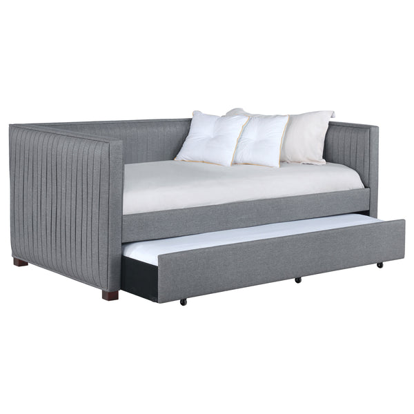 English Elm Vendman Grey Upholstered Twin Daybed with Trundle, Modern Minimalist Pleated Sides, Guest-Ready Comfort B062S00988