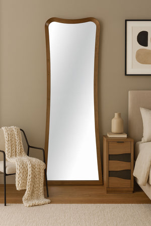 English Elm Floor Light Brown Eucalyptus Wood Floor Mirror — Full-Length Curved Frame, Lean or Wall-Mount Elegance and Warmth B2699P395411