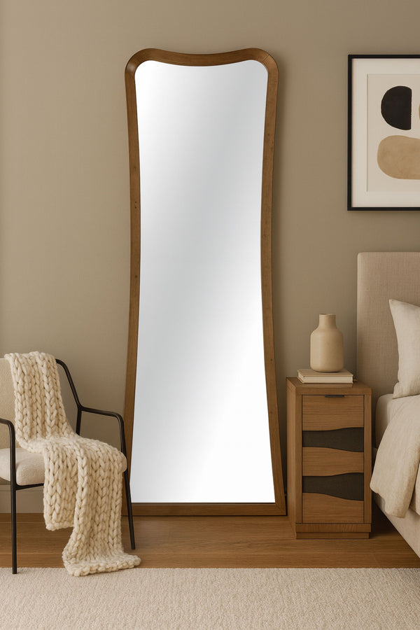 English Elm Floor Light Brown Eucalyptus Wood Floor Mirror — Full-Length Curved Frame, Lean or Wall-Mount Elegance and Warmth B2699P395411
