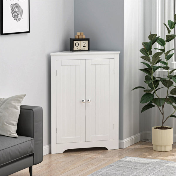 English Elm Floor Corner Cabinet with Beadboard Doors & Adjustable Shelf, Narrow Freestanding White Storage for Bath, Kitchen, Living Room, Bedroom W808P175911