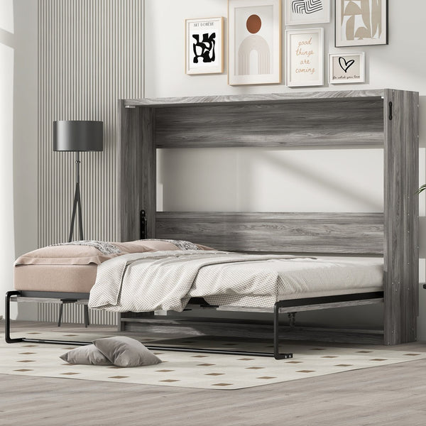English Elm Full Full Size Murphy Bed Cabinet Gray — Space-Saving Fold-Down Full Bed with 800lb Capacity, Sleek Design N709P002048D