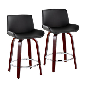 English Elm Fixed-height Swivel Counterstools Mid-century Mahogany Legs Chrome Footrest Set of 2 Black B202S01765