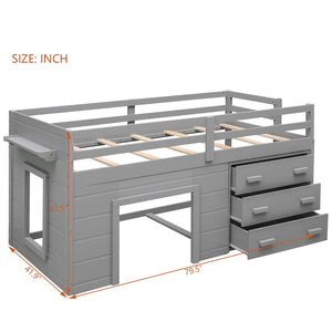 English Elm Twin Low Loft Bed with Storage Drawers Cabinet and Shelf in Espresso Wood Gray LP001501AAE-1
