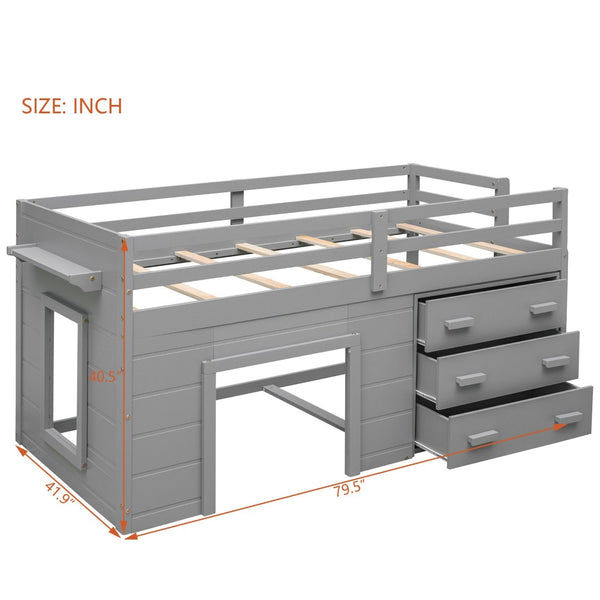 English Elm Twin Low Loft Bed with Storage Drawers Cabinet and Shelf in Espresso Wood Gray LP001501AAE-1