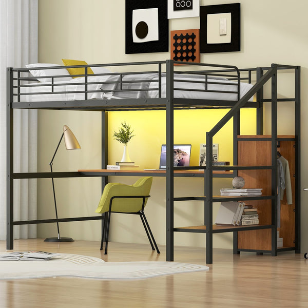 English Elm Full Size Metal Loft Bed With Desk, Storage Steps, Wardrobe, Led Light - Perfect For Small Spaces! GX000620AAB-1