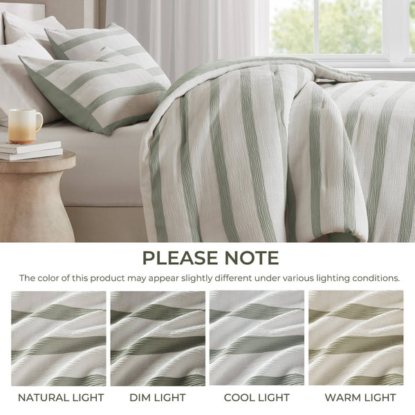 English Elm 2-piece Yarn-dyed Striped Polyester Comforter Set with Seersucker Texture for Year-round Comfort Sage Green B035P463221