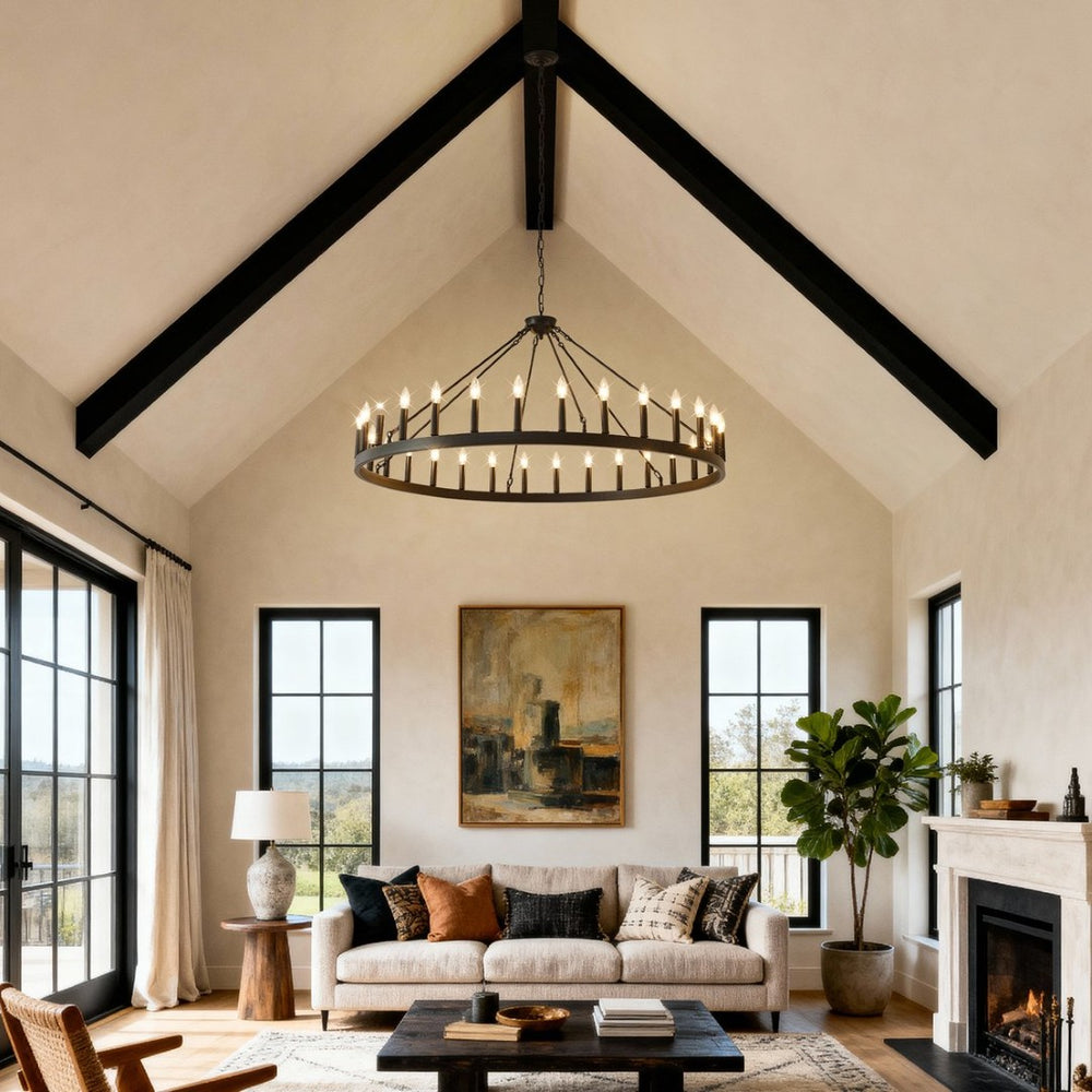 English Elm 53.15 Inch Wagon Wheel Chandelier Matte Black 18 Light Farmhouse Industrial Large Room W5008P388956