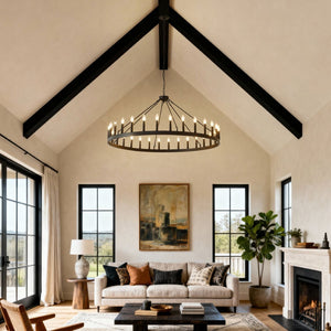 English Elm 53.15 Inch Wagon Wheel Chandelier Matte Black 18 Light Farmhouse Industrial Large Room W5008P388956
