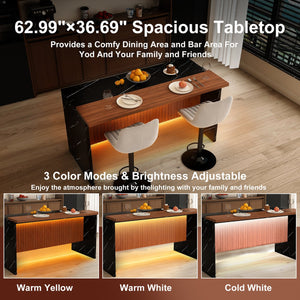 English Elm 63" Modern Kitchen Island Set With 2 Gray Bar Stools - Stylish Black Marble, Led Lighting, Durable Design W2699S00068