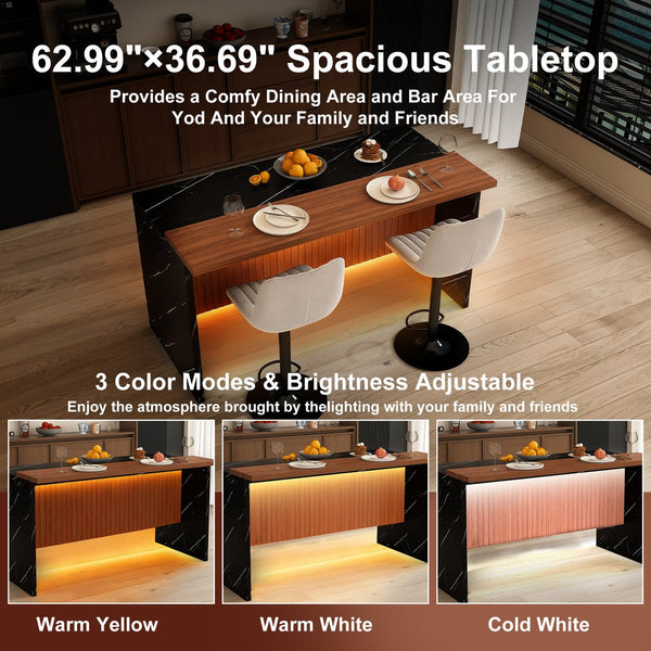 English Elm 63" Modern Kitchen Island Set With 2 Gray Bar Stools - Stylish Black Marble, Led Lighting, Durable Design W2699S00068