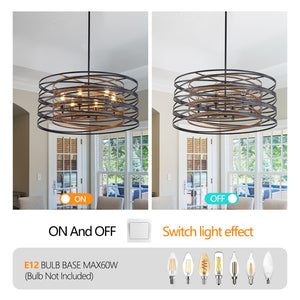 English Elm 24" Rustic Industrial Pendant Light, 6-Light Black & Walnut Metal Cage Chandelier with Wood Accents for Kitchen Island Dining Room W2312P368685