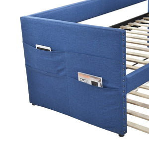 English Elm Modern Upholstered Daybed with Pull Out Trundle Nailhead Trim and Side Storage Pockets Blue B011P419493