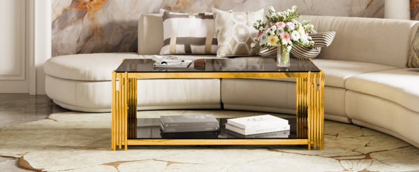 English Elm Modern Glam Rectangular Coffee Table with Mirrored Top Gold Sculptural Frame Open Shelf Black N735P380099B