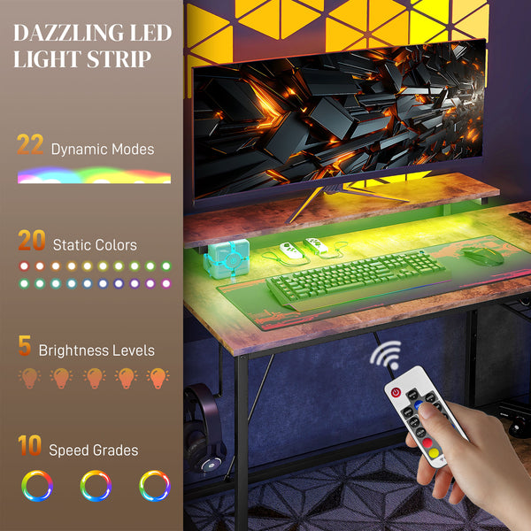 English Elm HOMCOM LED L-Shaped Desk with USB & Power Outlets, Monitor Stand, Shelves, Remote Lighting Ambience Rustic Brown W2225P217260