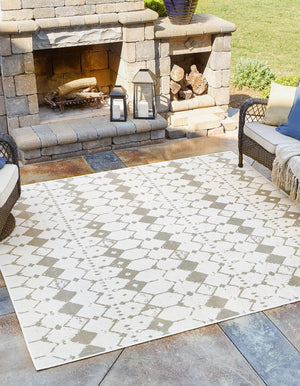 Unique Loom Outdoor Trellis Cardak Machine Made Geometric Rug Ivory and Gray, Gray 7' 10" x 7' 10"