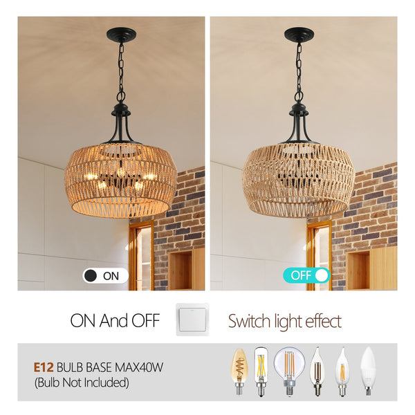 English Elm 19" Boho Hemp Rope Pendant Light - Hand-Woven Jute Shade, Wrought Iron Accent, Adjustable Chain, Warm Ambience W1340P241300