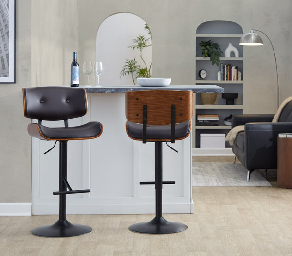English Elm Adjustable Swivel Barstools Mid-century Walnut Faux Leather Kitchen Counter Set of 2 B202S01996