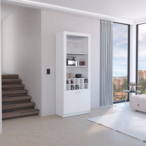 English Elm Cabinet White 4-Tier Wine & Liquor Storage with Stemware Rack, 15-Bottle Racks, 10 Cubbies, 74.8" B097P221379