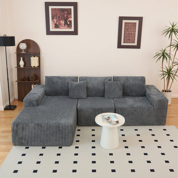 English Elm 112.99"Cloud Long-Pile Corduroy Sectional Sofa with L-Shape Chaise, Modular Deep-Seat Comfort for Living Room Grey W3276S00010