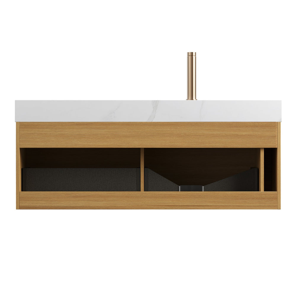 English Elm NYAH Floating 48" Bathroom Vanity with Carrara Sintered Stone Top, Undermount Basin & LED Sensor Light W2615S00367
