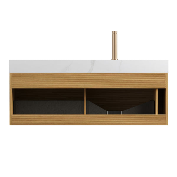 English Elm NYAH Floating 48" Bathroom Vanity with Carrara Sintered Stone Top, Undermount Basin & LED Sensor Light W2615S00367