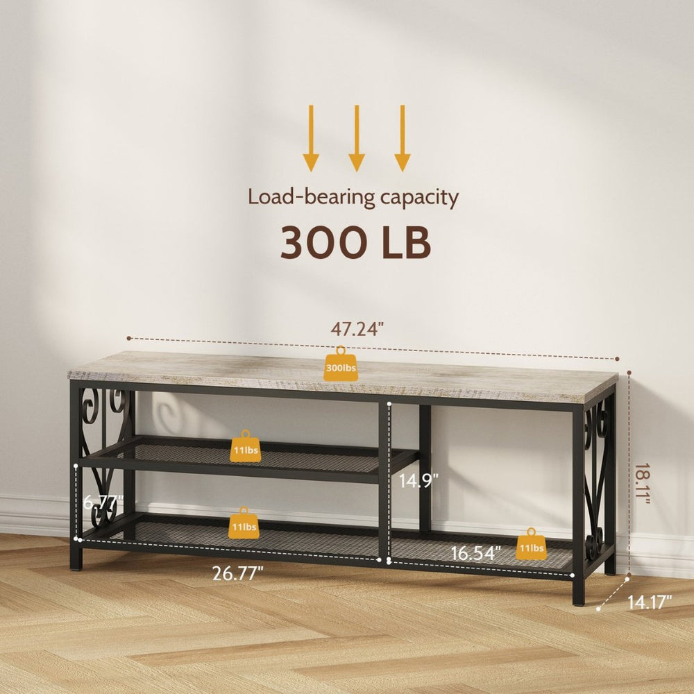 English Elm Vividwood Industrial Entryway Bench Rustic Wood Top Metal Frame Scrollwork Shoe Organizer Gray T5618P505965