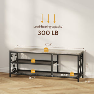 English Elm Vividwood Industrial Entryway Bench Rustic Wood Top Metal Frame Scrollwork Shoe Organizer Gray T5618P505965