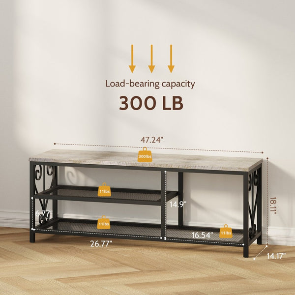 English Elm Vividwood Industrial Entryway Bench Rustic Wood Top Metal Frame Scrollwork Shoe Organizer Gray T5618P505965
