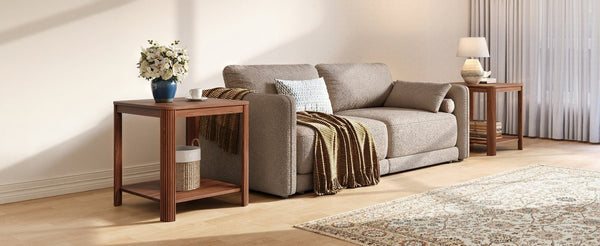 English Elm Rounded Square End Tables Set of 2 Boho Walnut with Wave Legs and Open Shelf W5563P449956