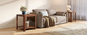 English Elm Rounded Square End Tables Set of 2 Boho Walnut with Wave Legs and Open Shelf W5563P449958